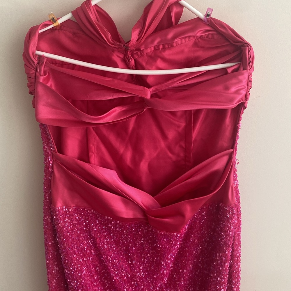 Scala Halter Double Wrap Open Back Hot Pink Sequi… - image 3